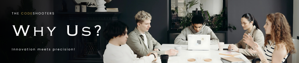 The CodeShooters team collaborating on a project in the office